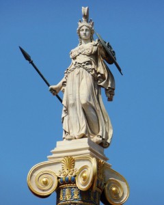 Greek Goddess Athena (Minerva) armored on top of pillar Statue