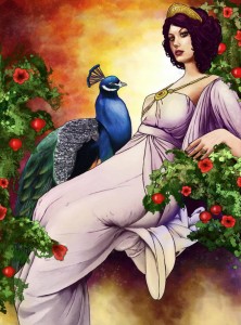 Hera (Juno) Greek Goddess with a peacock - Art Picture