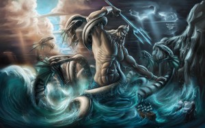 Poseidon (Neptune) Greek God fighting a sea monster - Art Picture