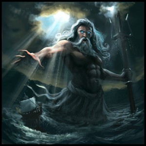 Poseidon (Neptune) Greek God under a cloudy sky - Art Picture