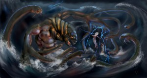Zeus (Jupiter) Greek God vs Typhon monster - Art Picture by vkucukemre